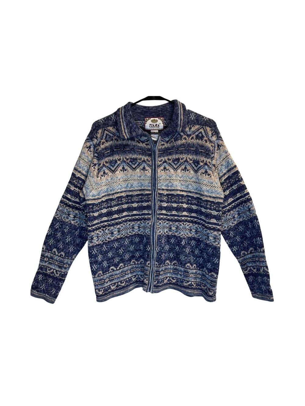 Vintage Fair Isle Nordic Zip Sweater Blue Grandpa Cottagecore Womens M